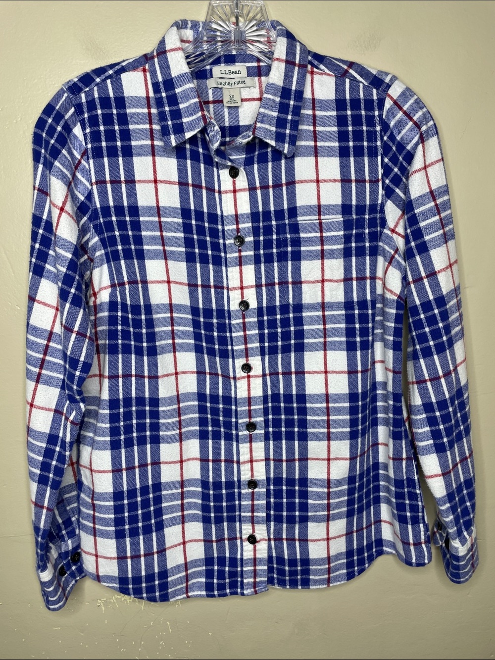 LL BEAN Blue & White Scotch Plaid Flannel Slightly Fitted Button Down Shirt XS
